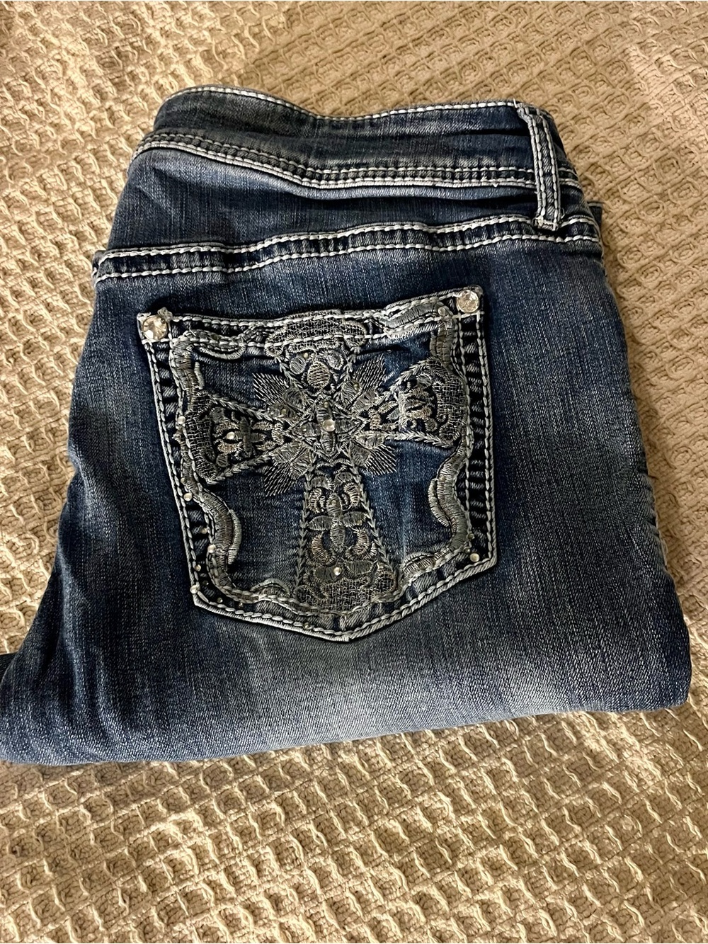 Apt. 9 Dark Blue Boot Cut Jeans with Embroidered Cross Pocket